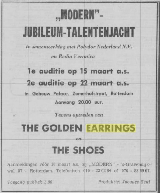 1967-03-15 Golden Earrings show ad March 15 1967 Modern Jubileum Talentenjacht Rotterdam (Schiedamse krant De Havenloods February 23 1967)